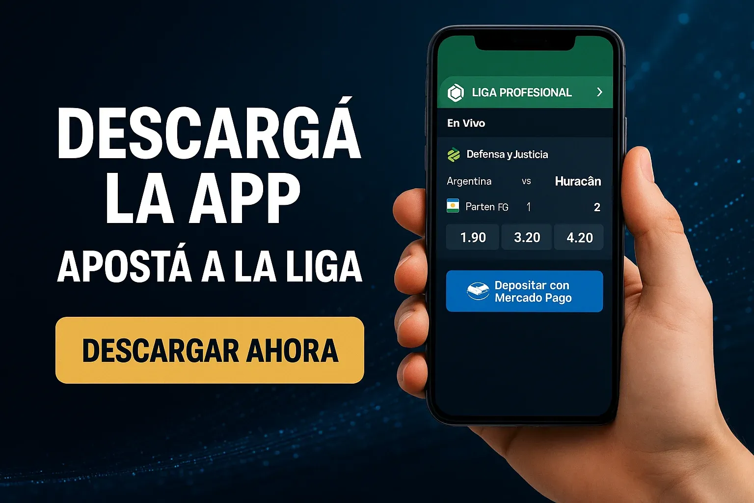 Banner oscuro con celular Android, apuestas Liga Profesional y botón Mercado Pago