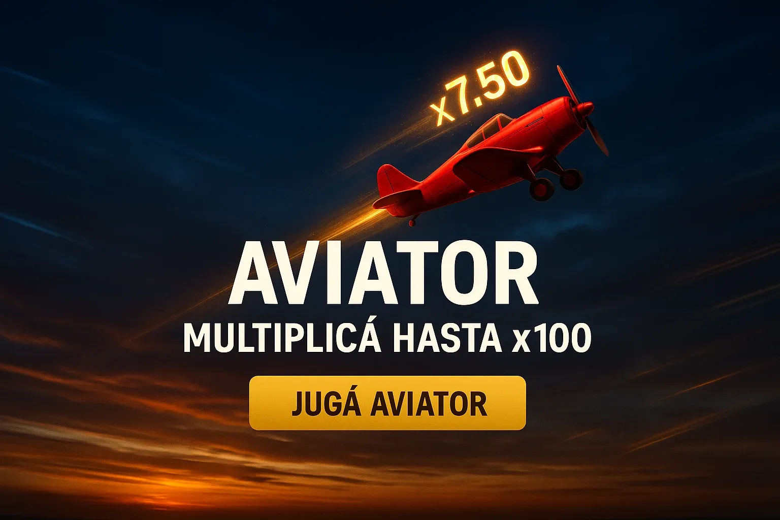 Banner Aviator con avión rojo, multiplicador x7.50 y botón Jugá Aviator
