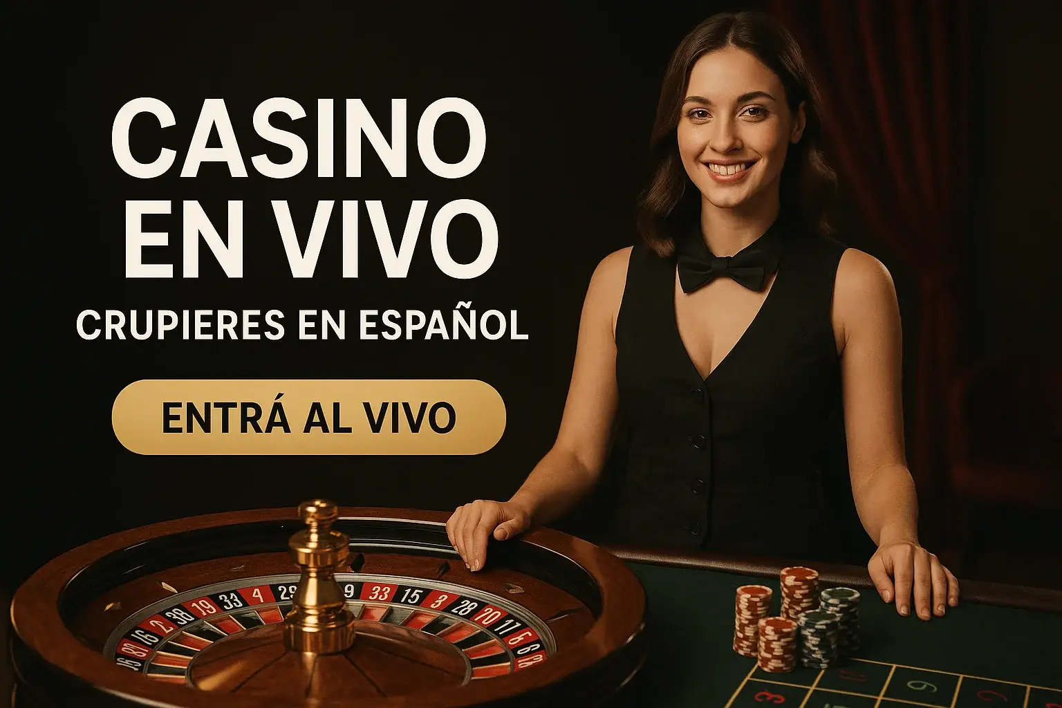 Banner casino en vivo con crupier en español, ruleta y botón Entrá al vivo