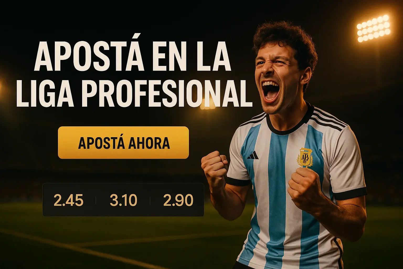 Banner de apuestas con hincha argentino, cuotas en vivo y botón Apostá Ahora