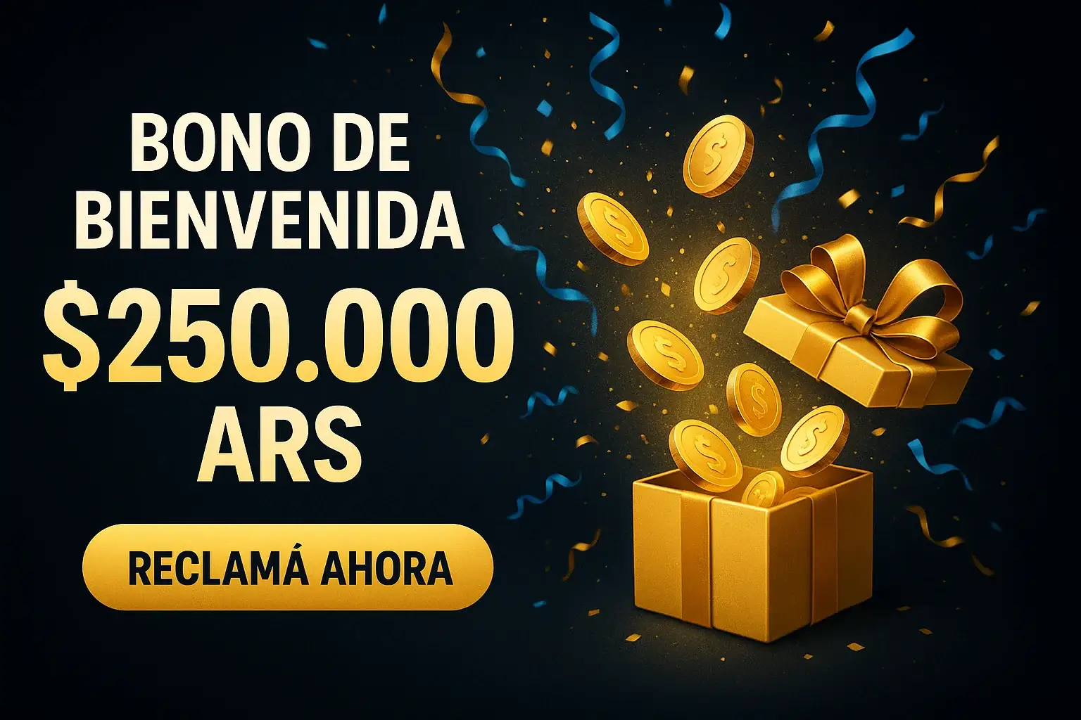 Banner de casino con bono de bienvenida $250.000 ARS y botón Reclamá Ahora